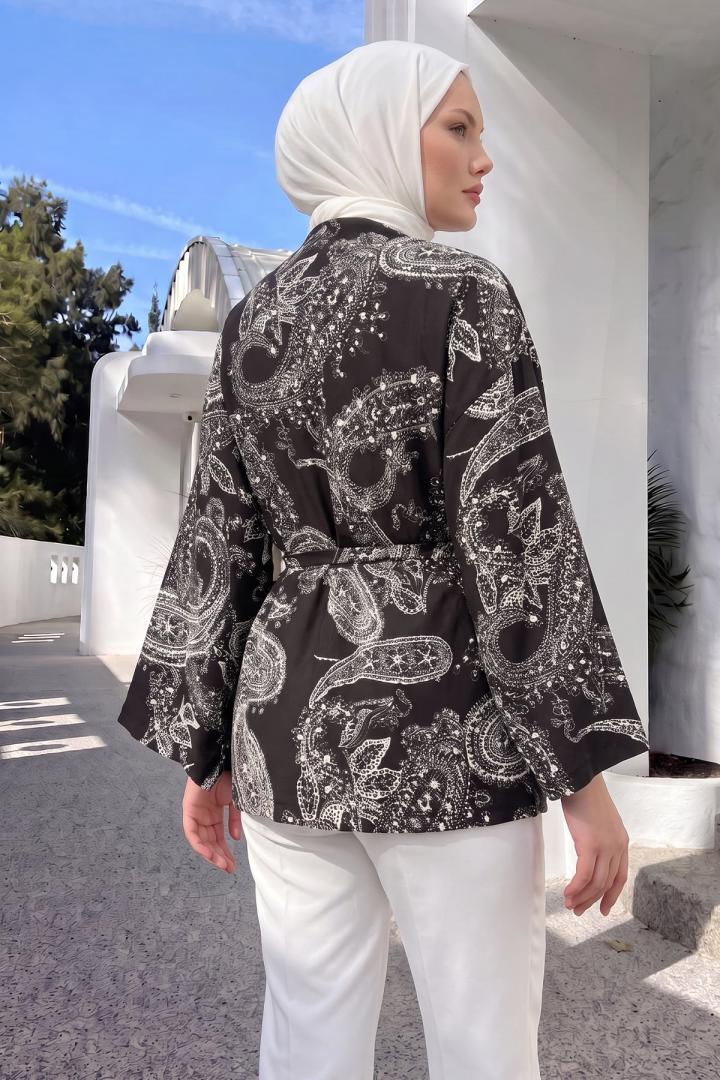 Buta Desenli Kimono Y0167 - KOYU KAHVE |  