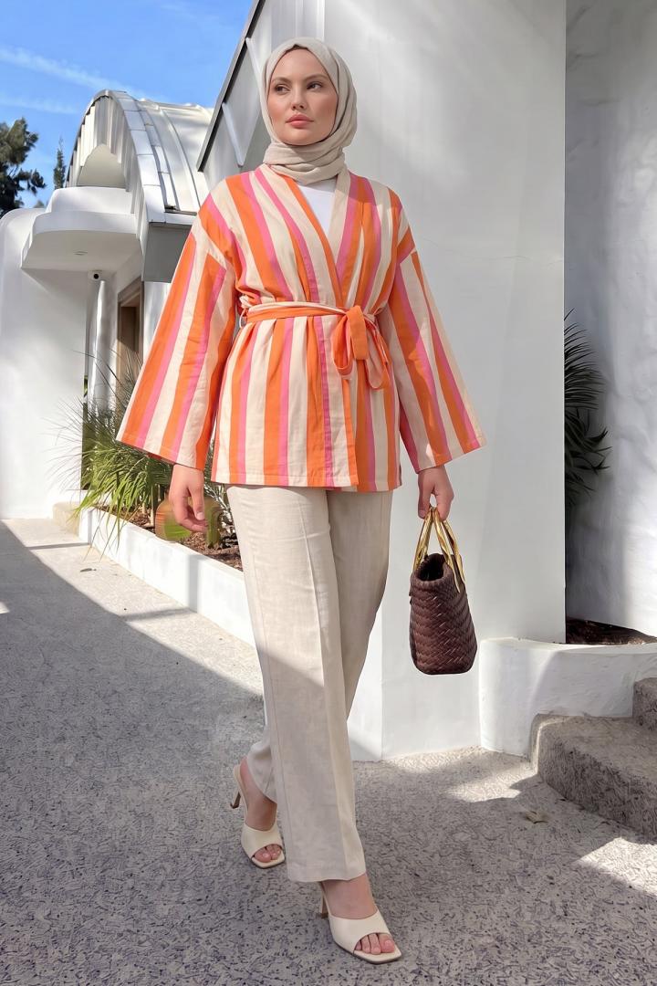 Çizgili Kimono Y0167 - MERCAN |  