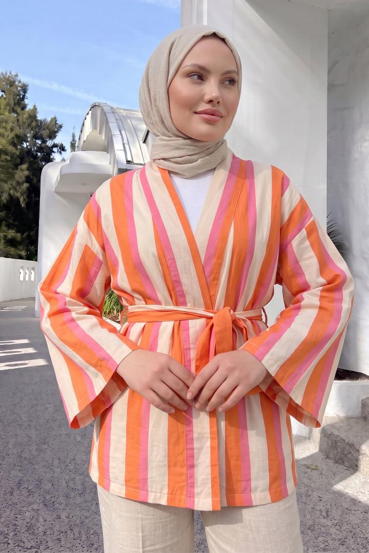 Çizgili Kimono Y0167 - MERCAN |  