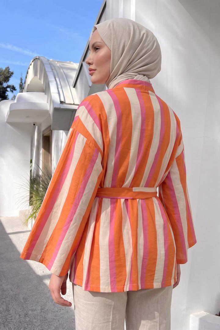 Çizgili Kimono Y0167 - MERCAN |  