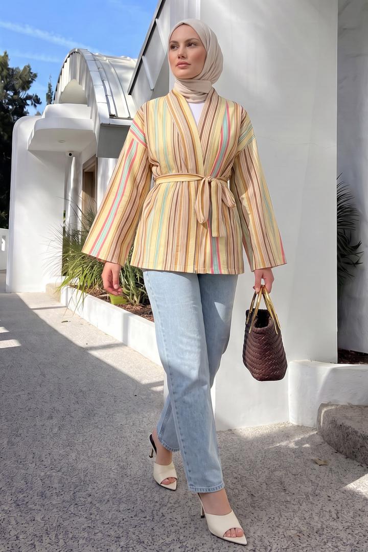 Çizgili Kimono Y0167 - SARI |  