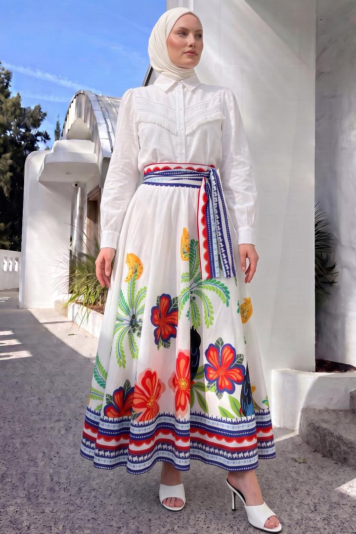 Botanik Desenli Etek 5562  - EKRU |  