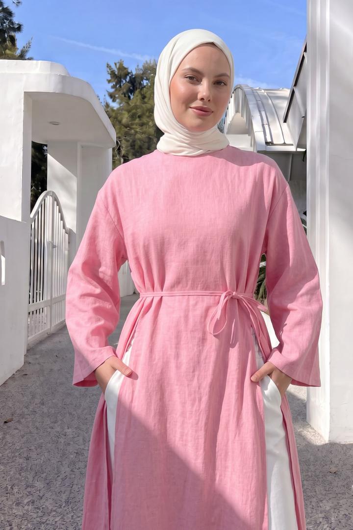 Yırtmaçlı Uzun Tunik Y0163 - PEMBE |  