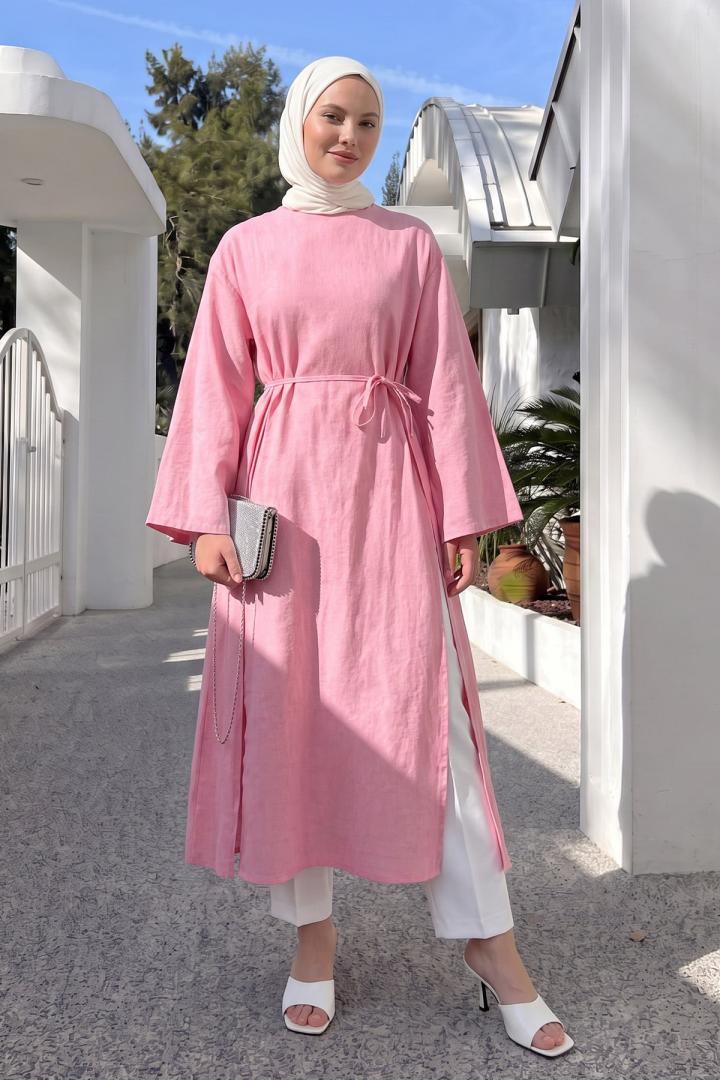 Yırtmaçlı Uzun Tunik Y0163 - PEMBE |  
