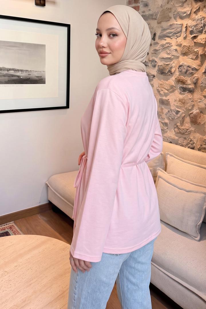Bağcıklı Penye Bluz 13071 - AÇIK PEMBE |  
