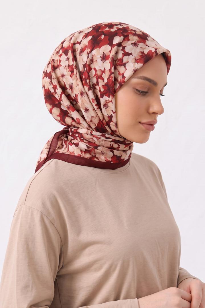 Çiçek Desenli Naida Eşarp 8040 - BORDO |  