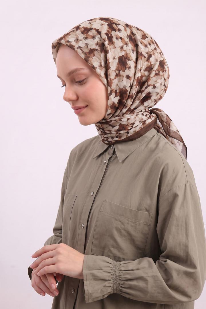 Çiçek Desenli Naida Eşarp 8040 - KAHVE |  