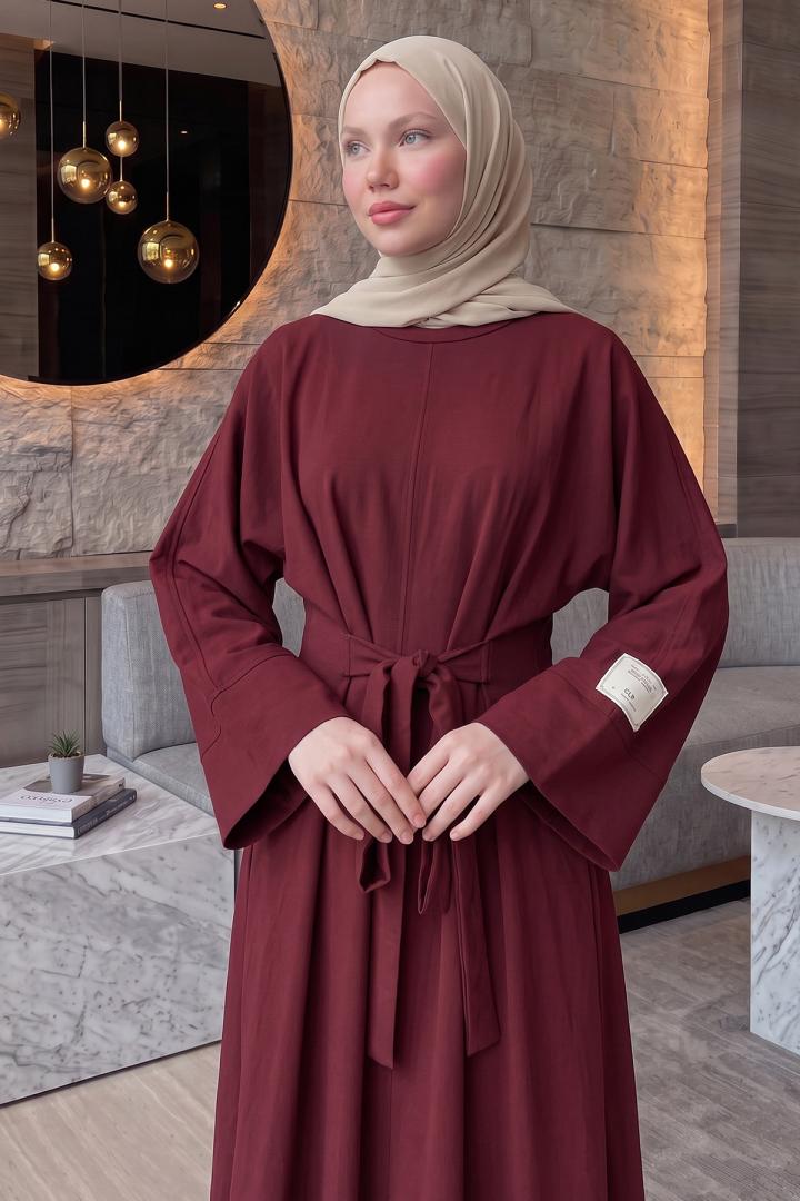 Kuşak Detaylı Elbise 0010-1 - BORDO | Salih Çelebi 