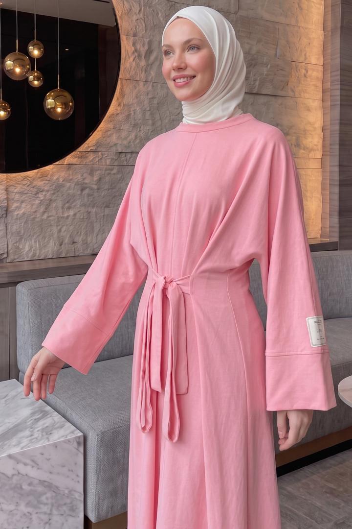 Kuşak Detaylı Elbise 0010-1 - PEMBE | Salih Çelebi 