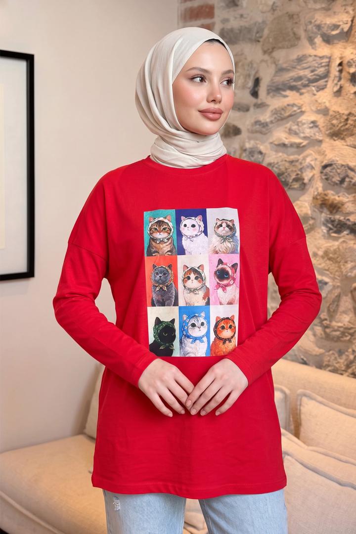 Kedi Baskılı Tunik 13230 - KIRMIZI | Salih Çelebi 