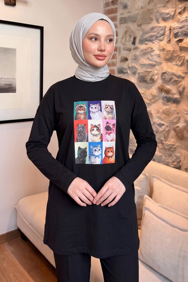 Kedi Baskılı Tunik 13230 - SİYAH | Salih Çelebi 