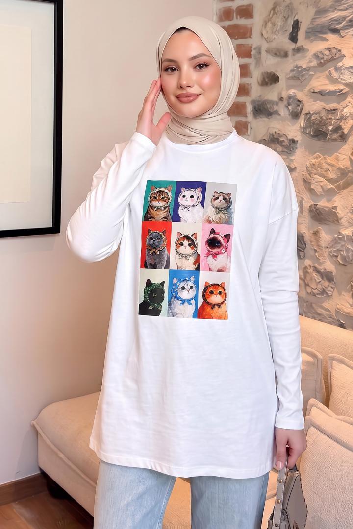Kedi Baskılı Tunik 13230 - BEYAZ | Salih Çelebi 
