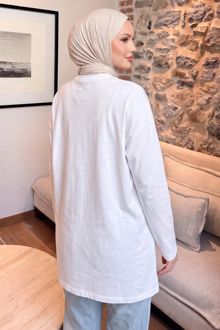 Kedi Baskılı Tunik 13230 - BEYAZ | Salih Çelebi 