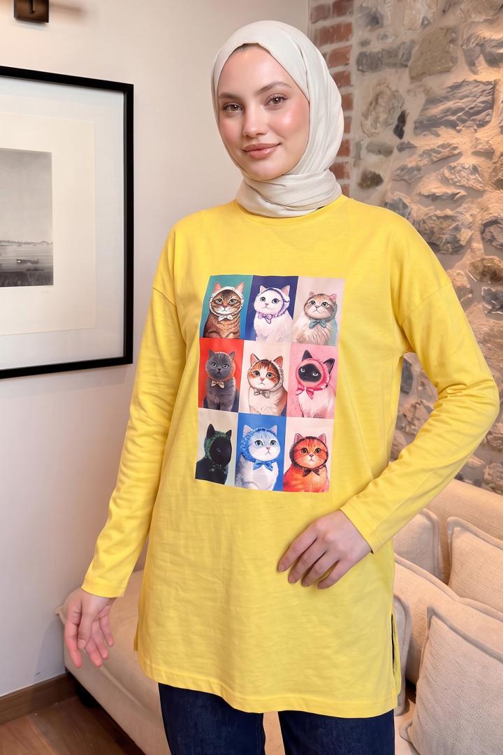 Kedi Baskılı Tunik 13230 - SARI | Salih Çelebi 