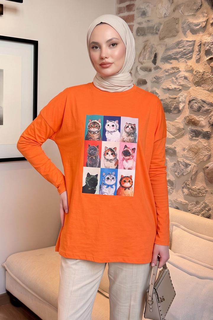 Kedi Baskılı Tunik 13230 - TURUNCU | Salih Çelebi 