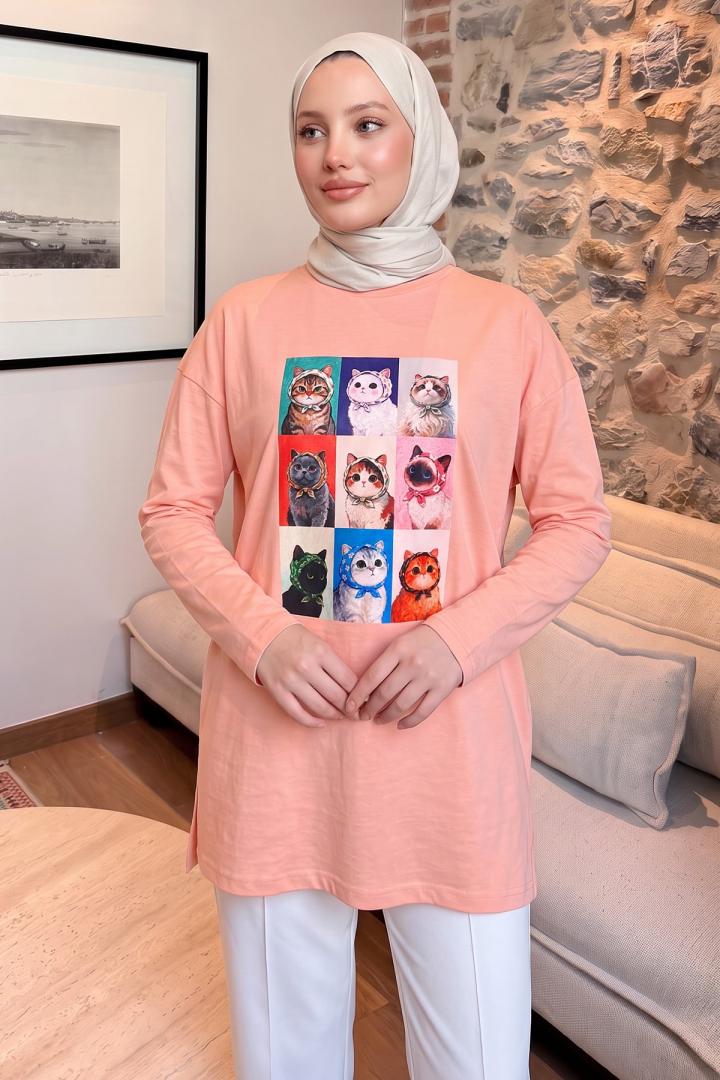 Kedi Baskılı Tunik 13230 - SOMON | Salih Çelebi 