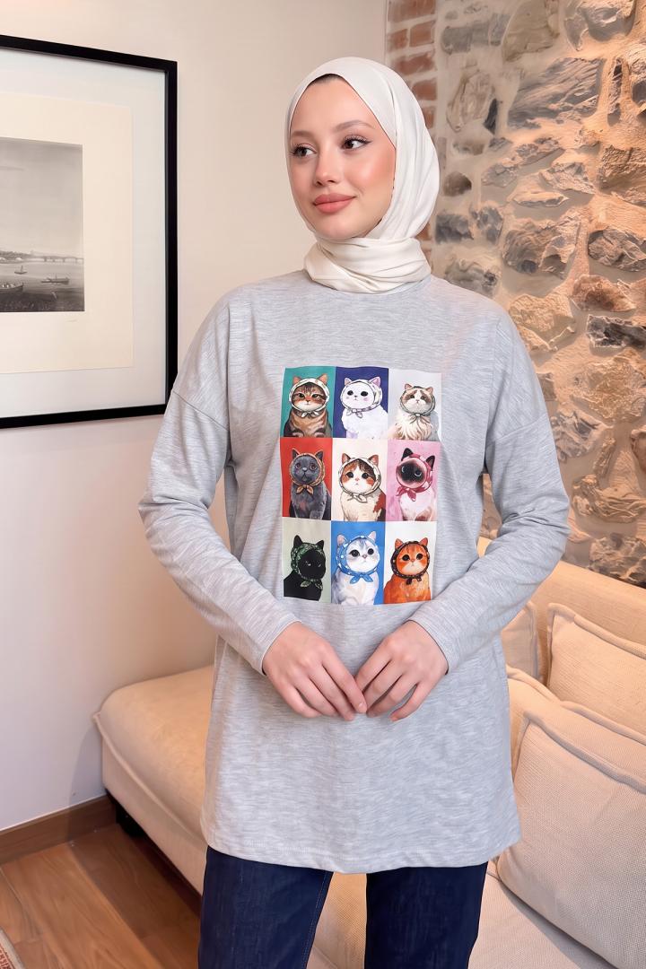 Kedi Baskılı Tunik 13230 - GRİ | Salih Çelebi 