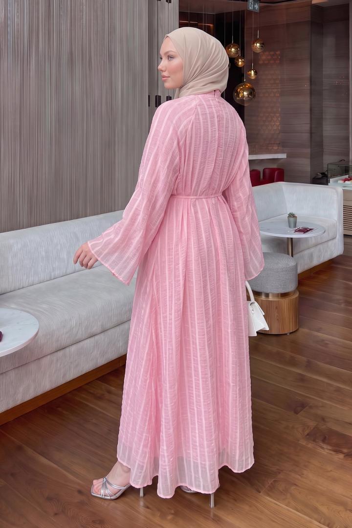 Reglan Kol Çizgili Elbise Y0168 - PEMBE | Salih Çelebi 