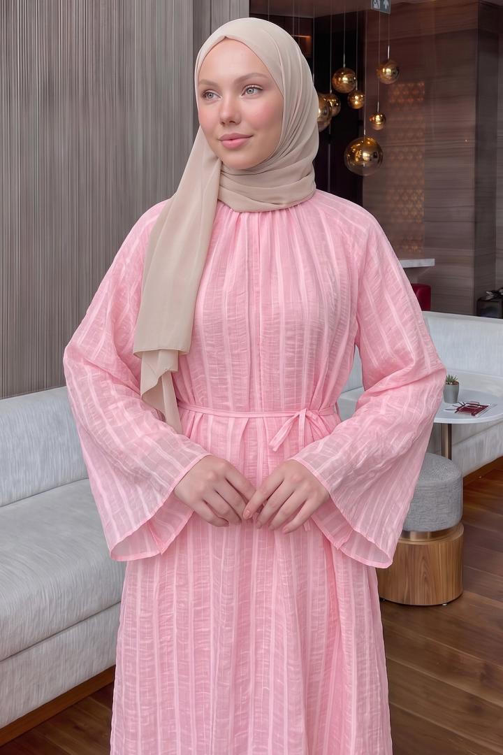 Reglan Kol Çizgili Elbise Y0168 - PEMBE | Salih Çelebi 