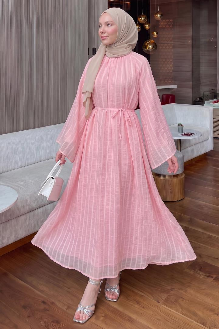Reglan Kol Çizgili Elbise Y0168 - PEMBE | Salih Çelebi 