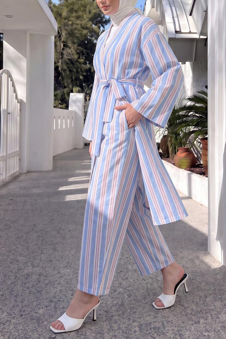 Çizgili Kimono Takım Y0169 - MAVİ | Salih Çelebi 
