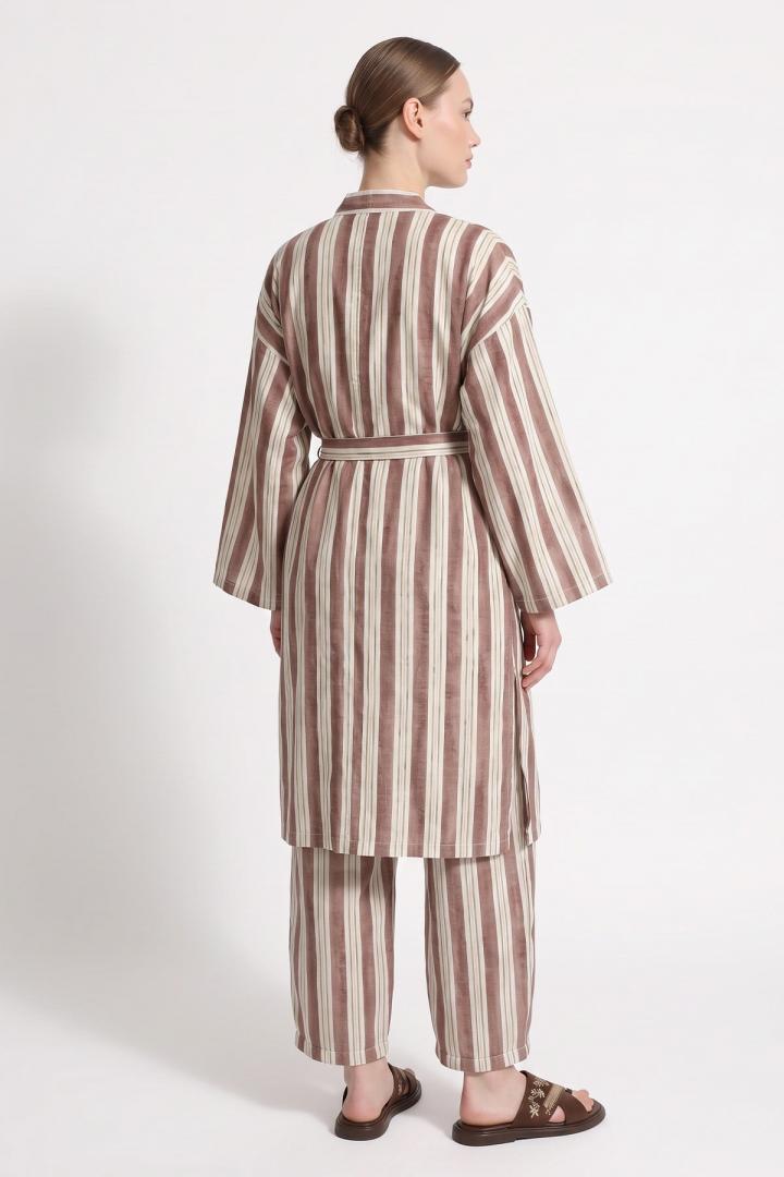 Çizgili Kimono Takım Y0169 - KAHVE | Salih Çelebi 