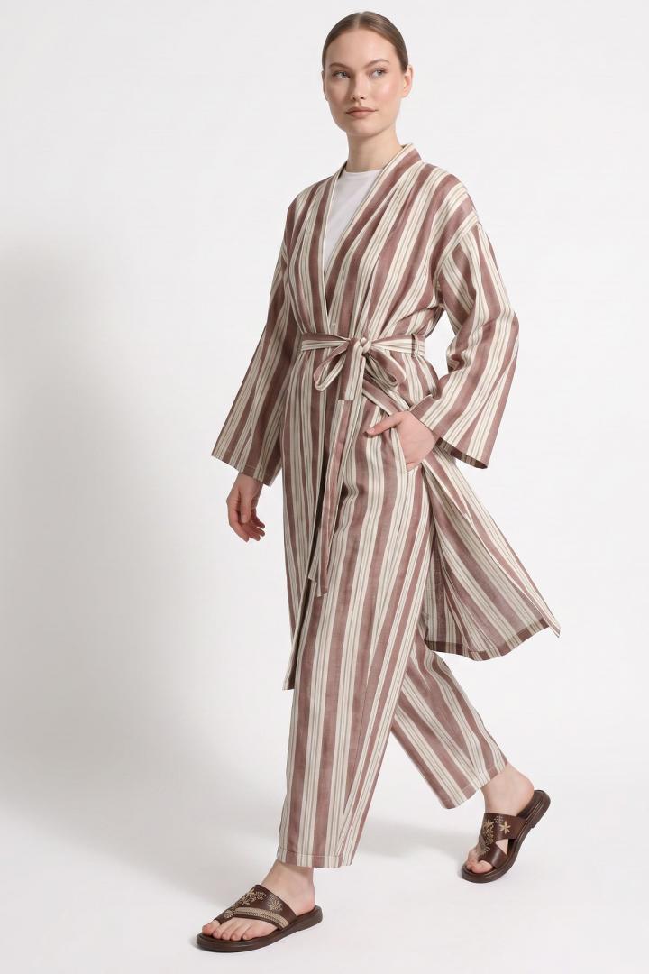 Çizgili Kimono Takım Y0169 - KAHVE | Salih Çelebi 