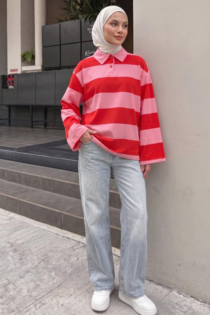 Polo Yaka Çizgili Tunik 27191 - PEMBE | Salih Çelebi 