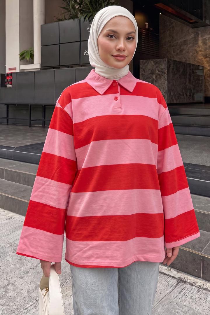 Polo Yaka Çizgili Tunik 27191 - PEMBE | Salih Çelebi 