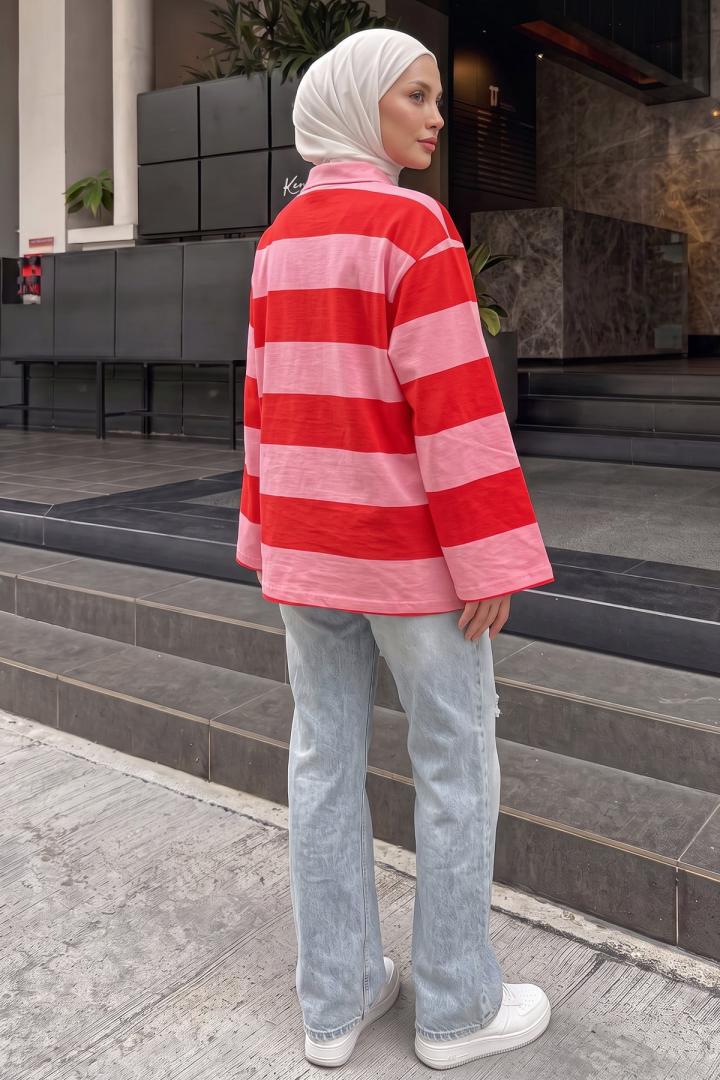 Polo Yaka Çizgili Tunik 27191 - PEMBE | Salih Çelebi 