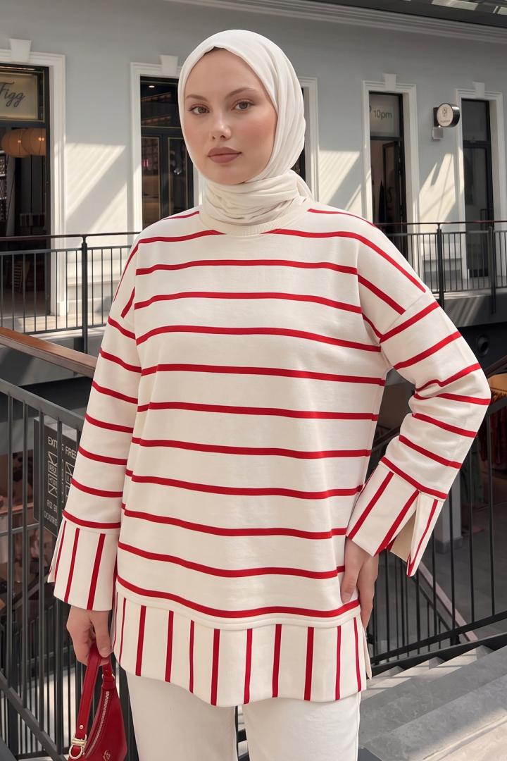 Çizgili Tunik 22089 - KIRMIZI | Salih Çelebi 