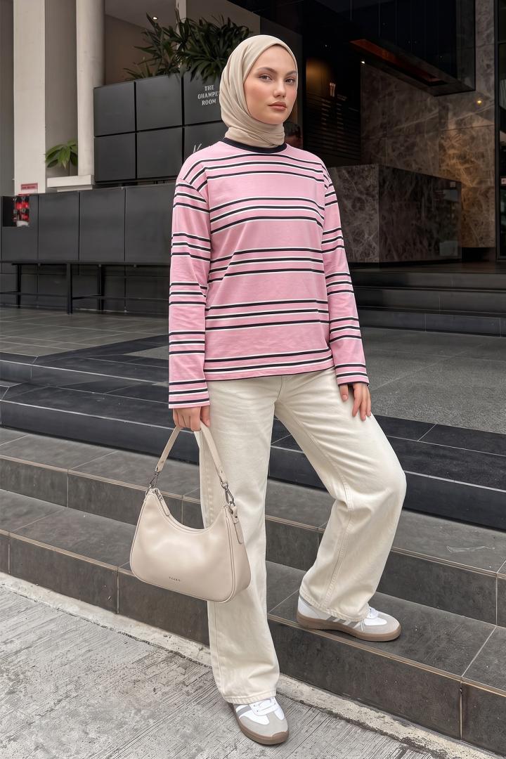 Bisiklet Yaka İnce Çizgili Tunik 27189 - PEMBE | Salih Çelebi 