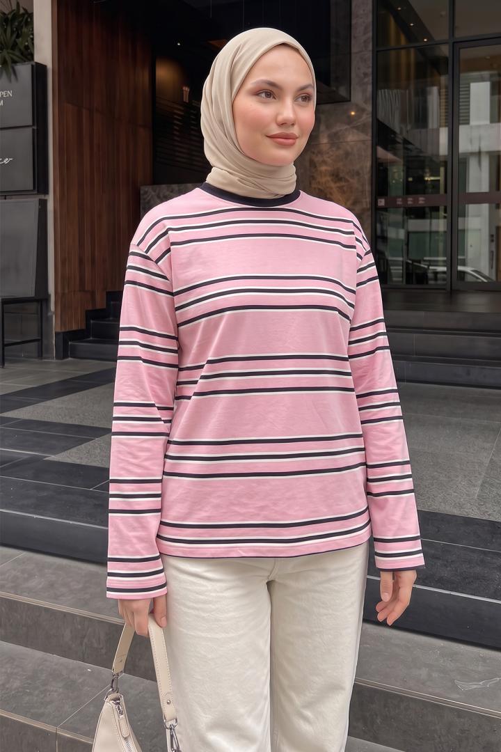 Bisiklet Yaka İnce Çizgili Tunik 27189 - PEMBE | Salih Çelebi 