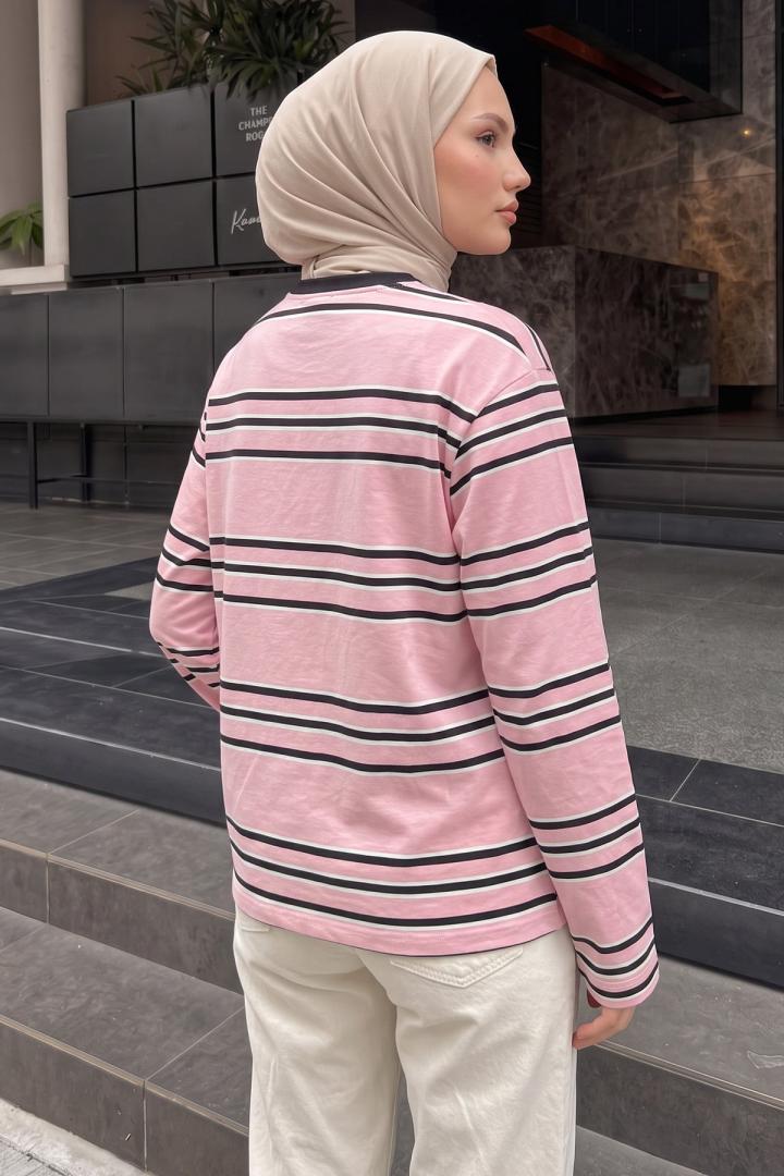 Bisiklet Yaka İnce Çizgili Tunik 27189 - PEMBE | Salih Çelebi 