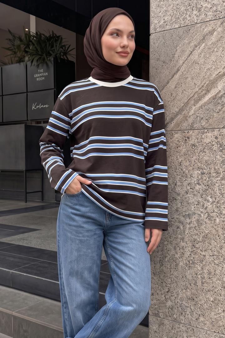 Bisiklet Yaka İnce Çizgili Tunik 27189 - KAHVE | Salih Çelebi 