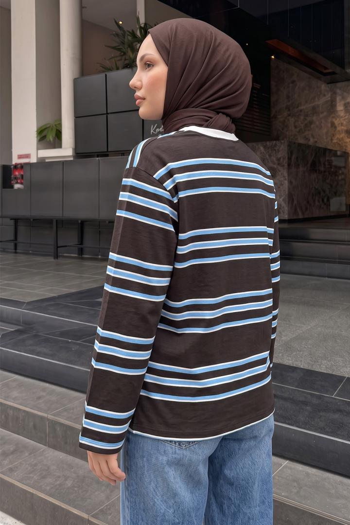 Bisiklet Yaka İnce Çizgili Tunik 27189 - KAHVE | Salih Çelebi 