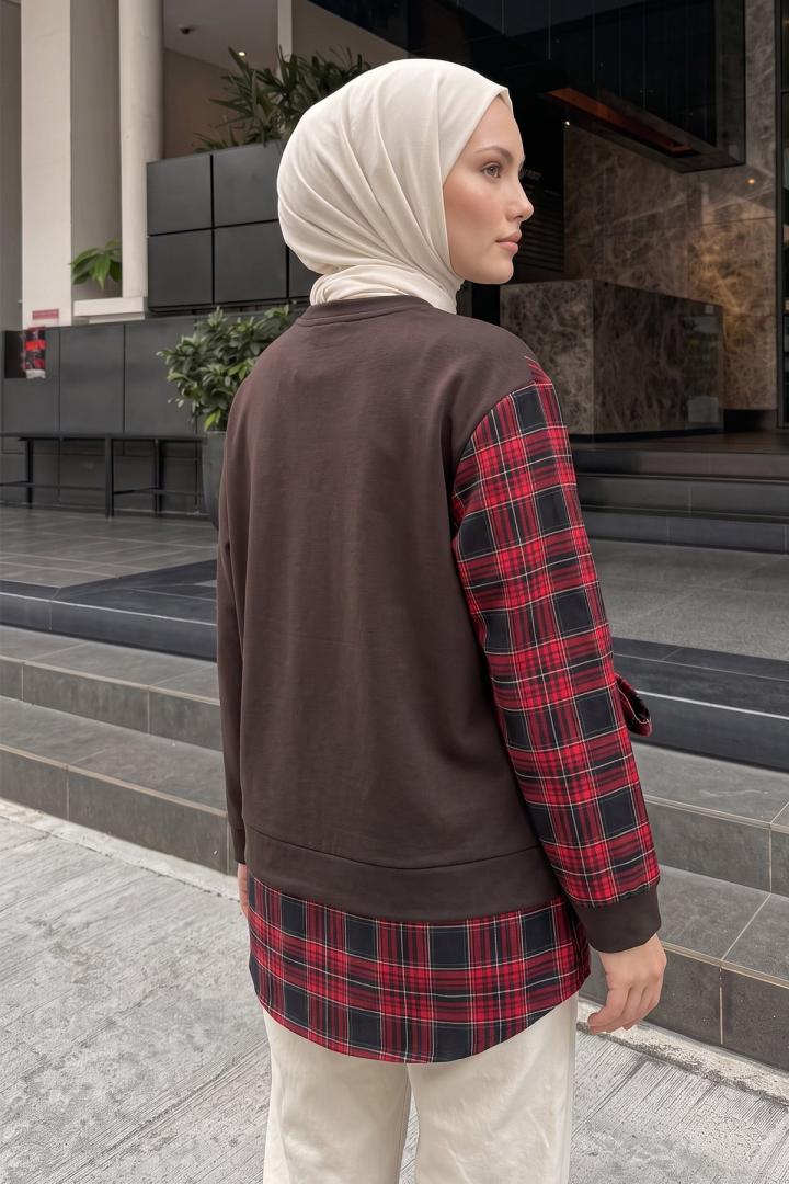 Ekose Garnili Yanı Bağlamalı Tunik 6196 - KAHVE | Salih Çelebi 