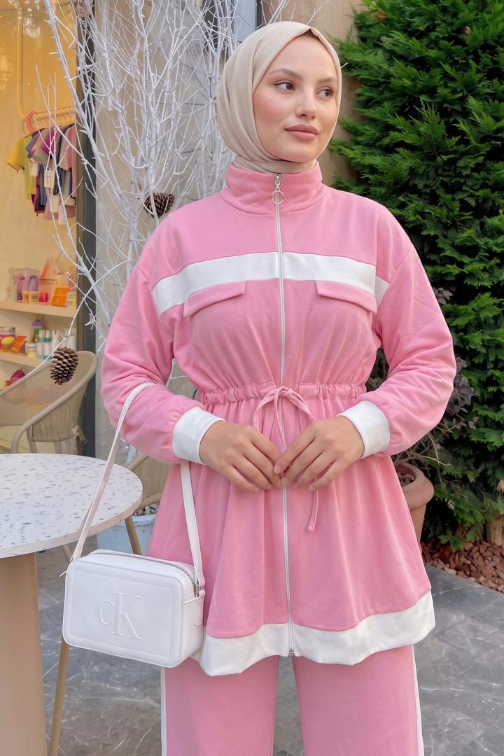 Şerit Detaylı Bel Büzgülü Takım 89140 - PEMBE  | Salih Çelebi 