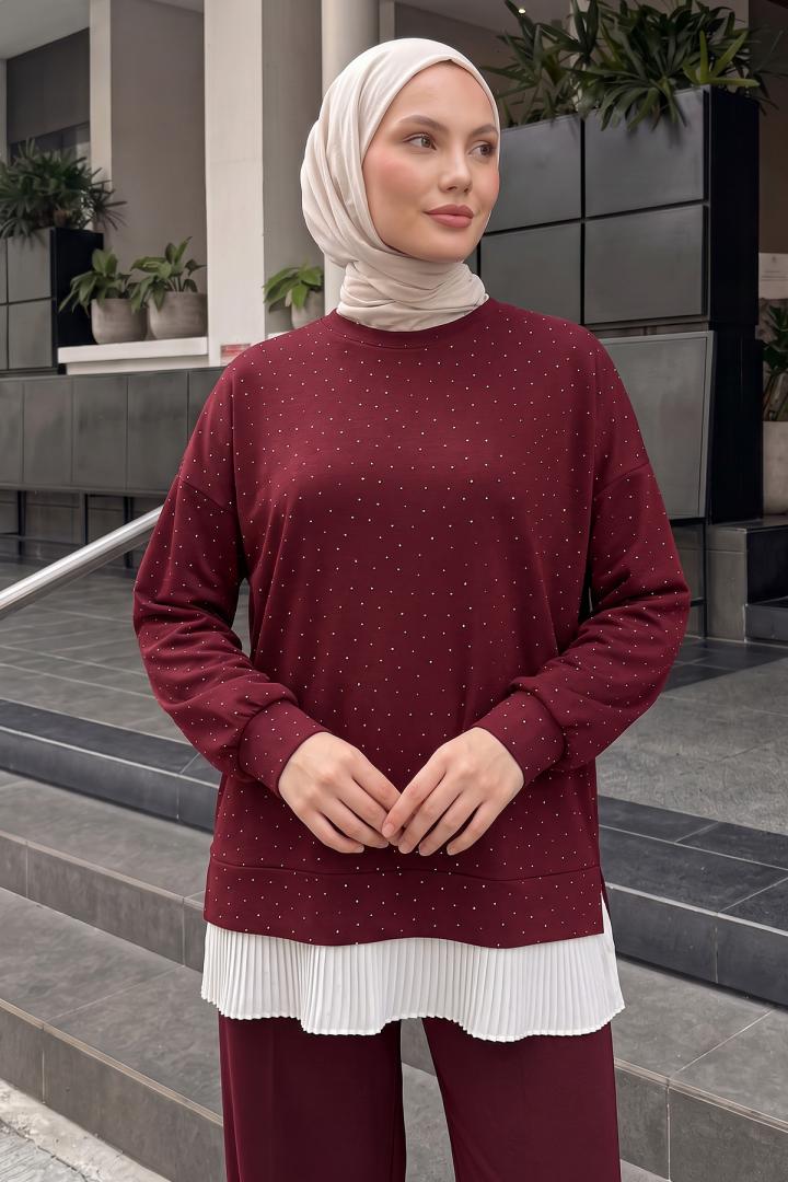 Şifon Garnili Taşlı Takım 4572 - BORDO | Salih Çelebi 