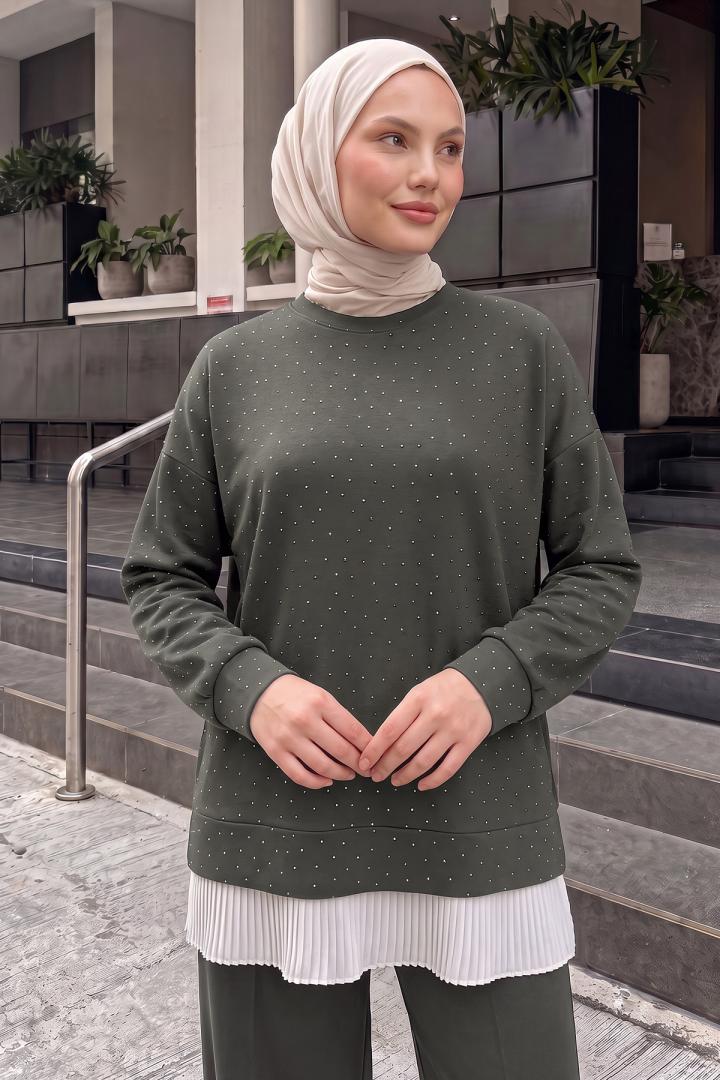 Şifon Garnili Taşlı Takım 4572 - HAKİ | Salih Çelebi 