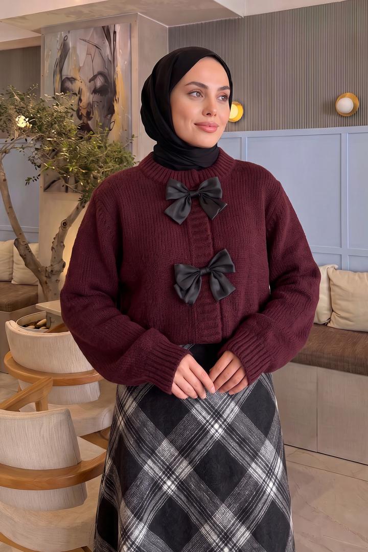 Fiyonk Detaylı Triko Hırka T2613 - BORDO | Salih Çelebi 