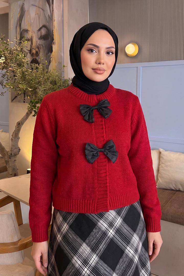 Fiyonk Detaylı Triko Hırka T2613 - KIRMIZI | Salih Çelebi 