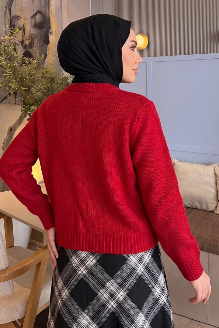 Fiyonk Detaylı Triko Hırka T2613 - KIRMIZI | Salih Çelebi 