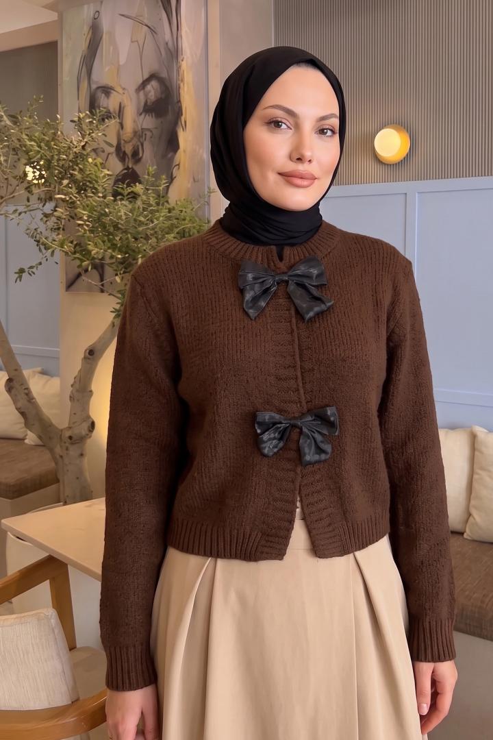 Fiyonk Detaylı Triko Hırka T2613 - KAHVE | Salih Çelebi 