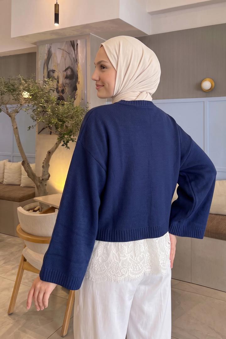 Dantel Detay Triko Kazak T2615 - LACİVERT | Salih Çelebi 