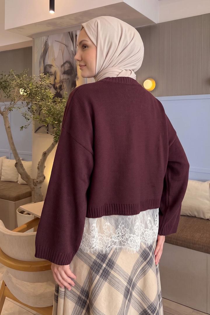 Dantel Detay Triko Kazak T2615 - BORDO | Salih Çelebi 
