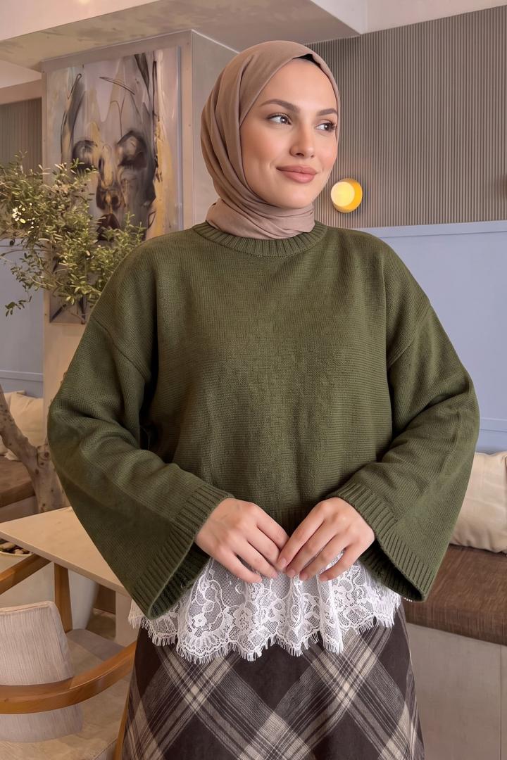 Dantel Detay Triko Kazak T2615 - HAKİ | Salih Çelebi 