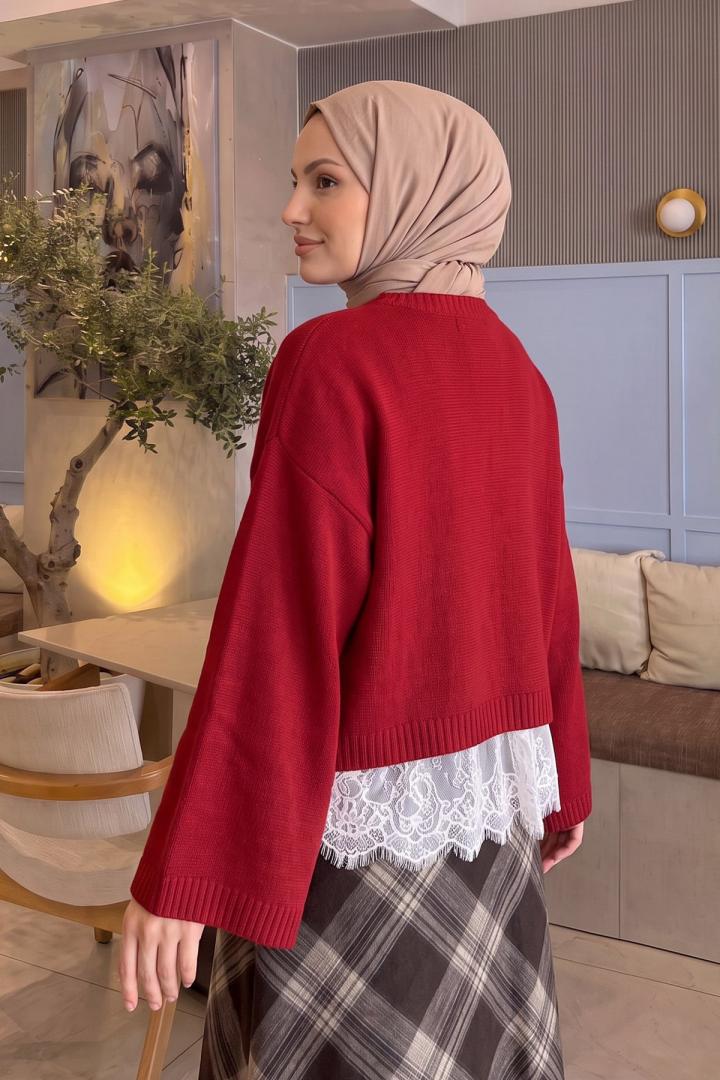 Dantel Detay Triko Kazak T2615 - KIRMIZI | Salih Çelebi 
