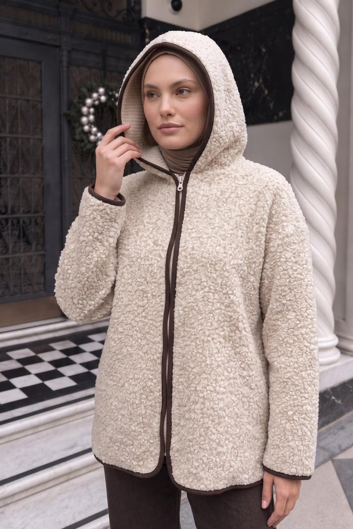 Kapüşonlu Peluş Ceket 1173 - BEJ | Salih Çelebi 