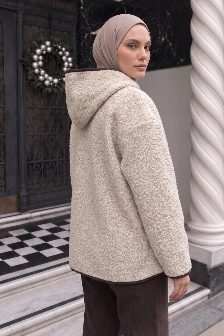 Kapüşonlu Peluş Ceket 1173 - BEJ | Salih Çelebi 